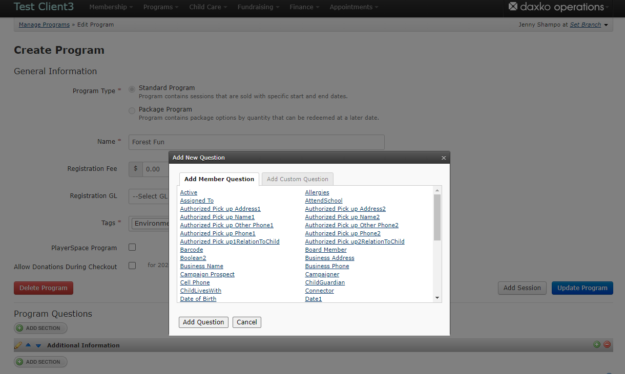 Daxko operations adding program questions